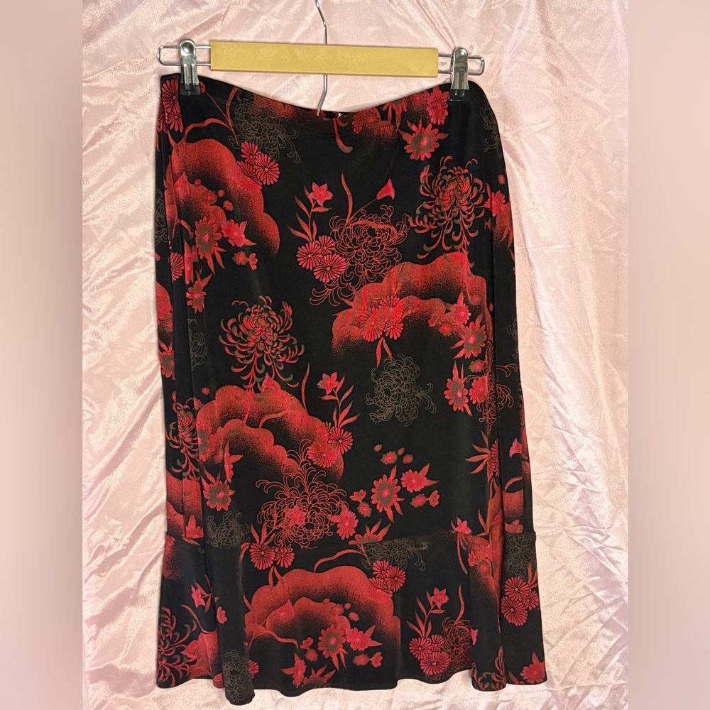 Christina Elegant Black and Red Floral Midi Skirt